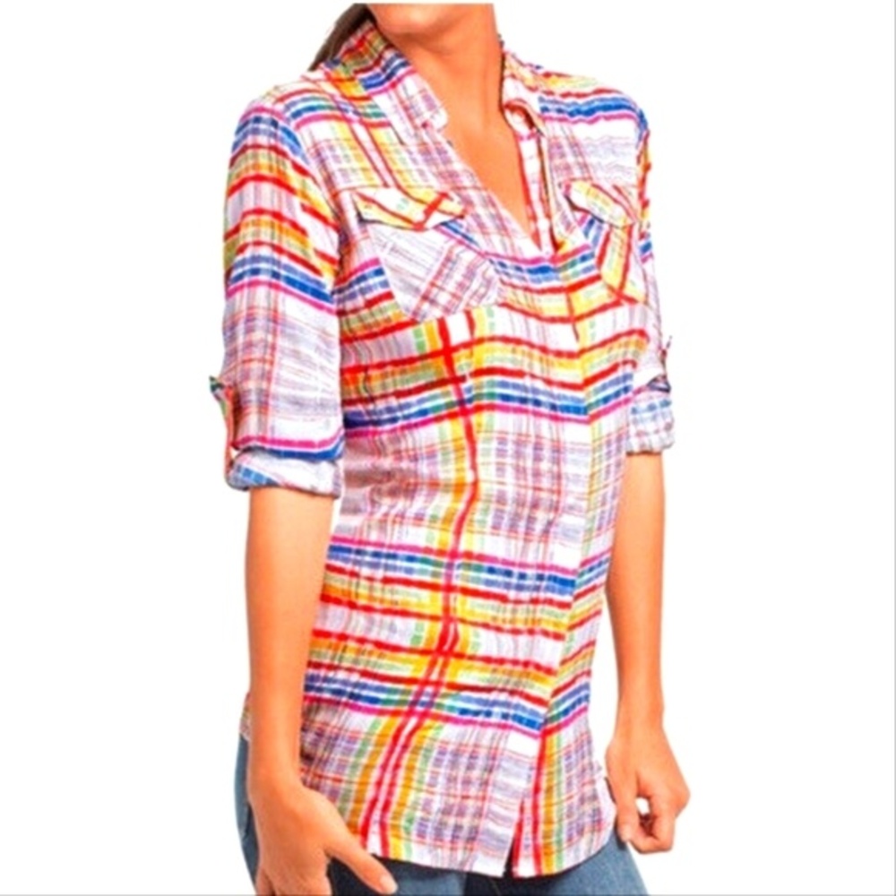 CAbi #797 plaid cirque button down blouse - roll tab sleeves - rayon -M